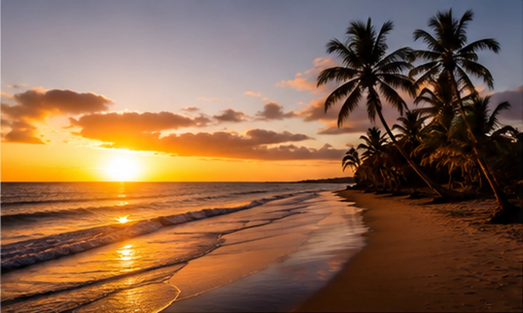 Playa con palmeras al atardecer