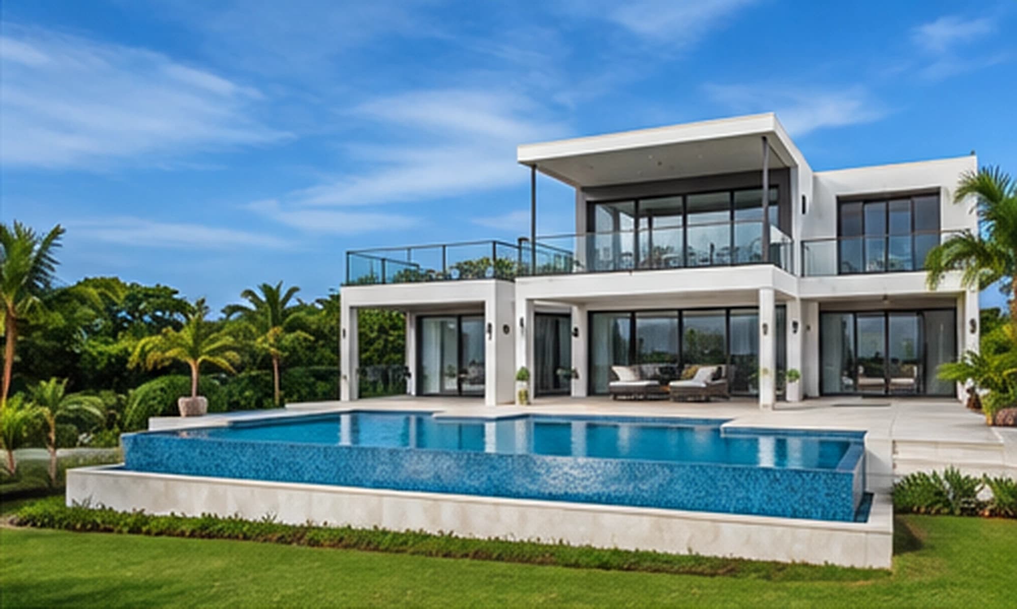 Vista exterior de una residencia blanca con piscina
