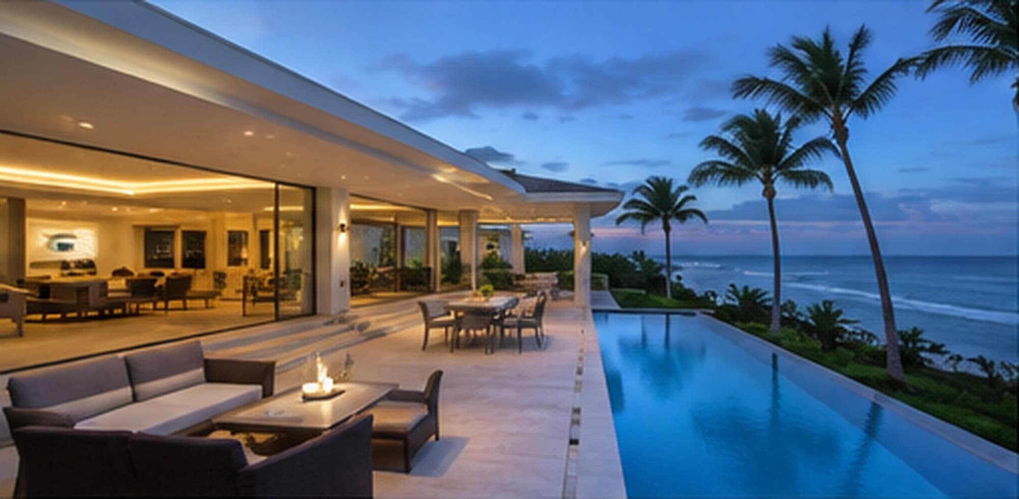 Terraza exterior y piscina junto al mar al anochecer