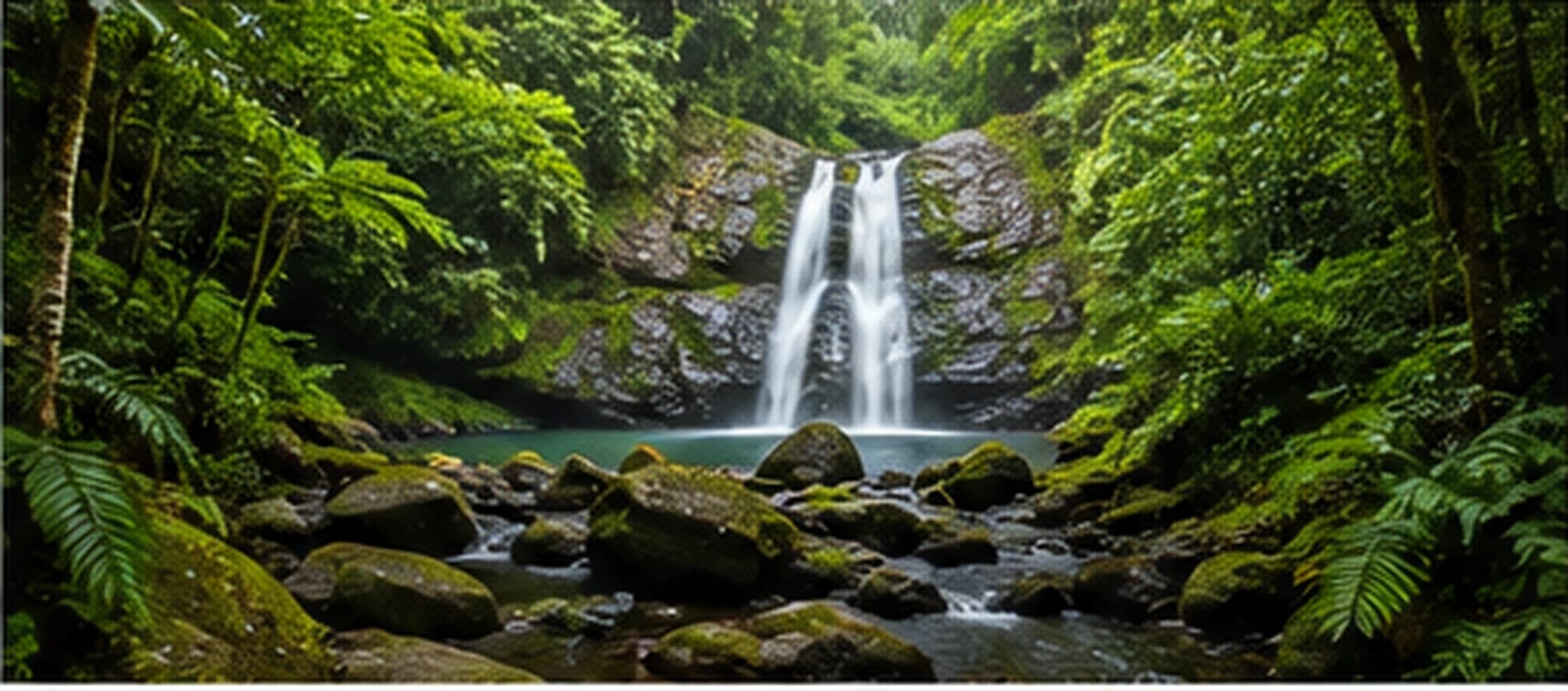 Cascada que cae entre rocas cubiertas de musgo en un bosque tropical