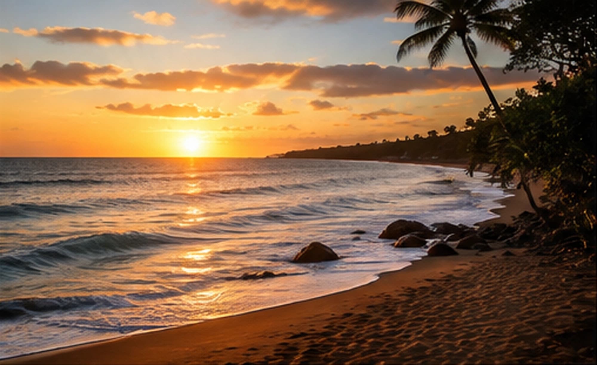 Costa rocosa con palmeras al atardecer