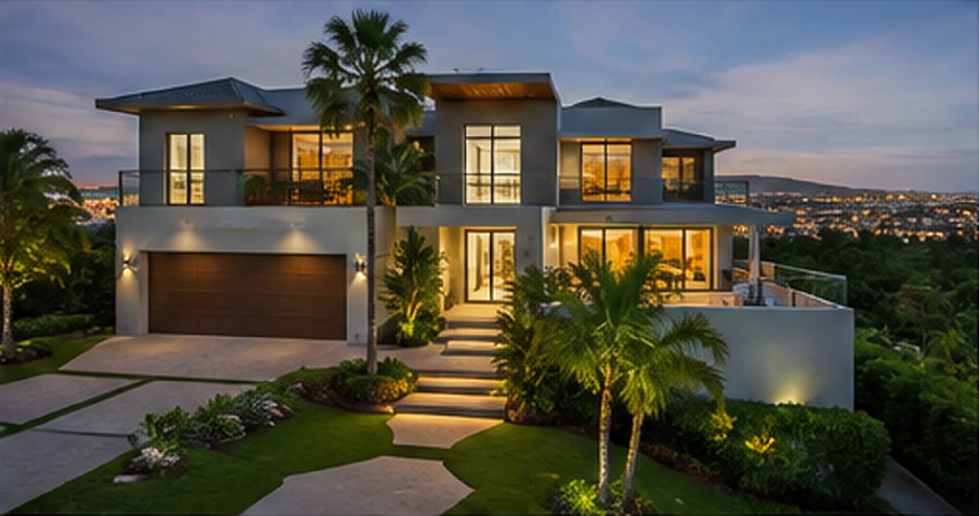 Residencia contemporánea en una ladera al atardecer