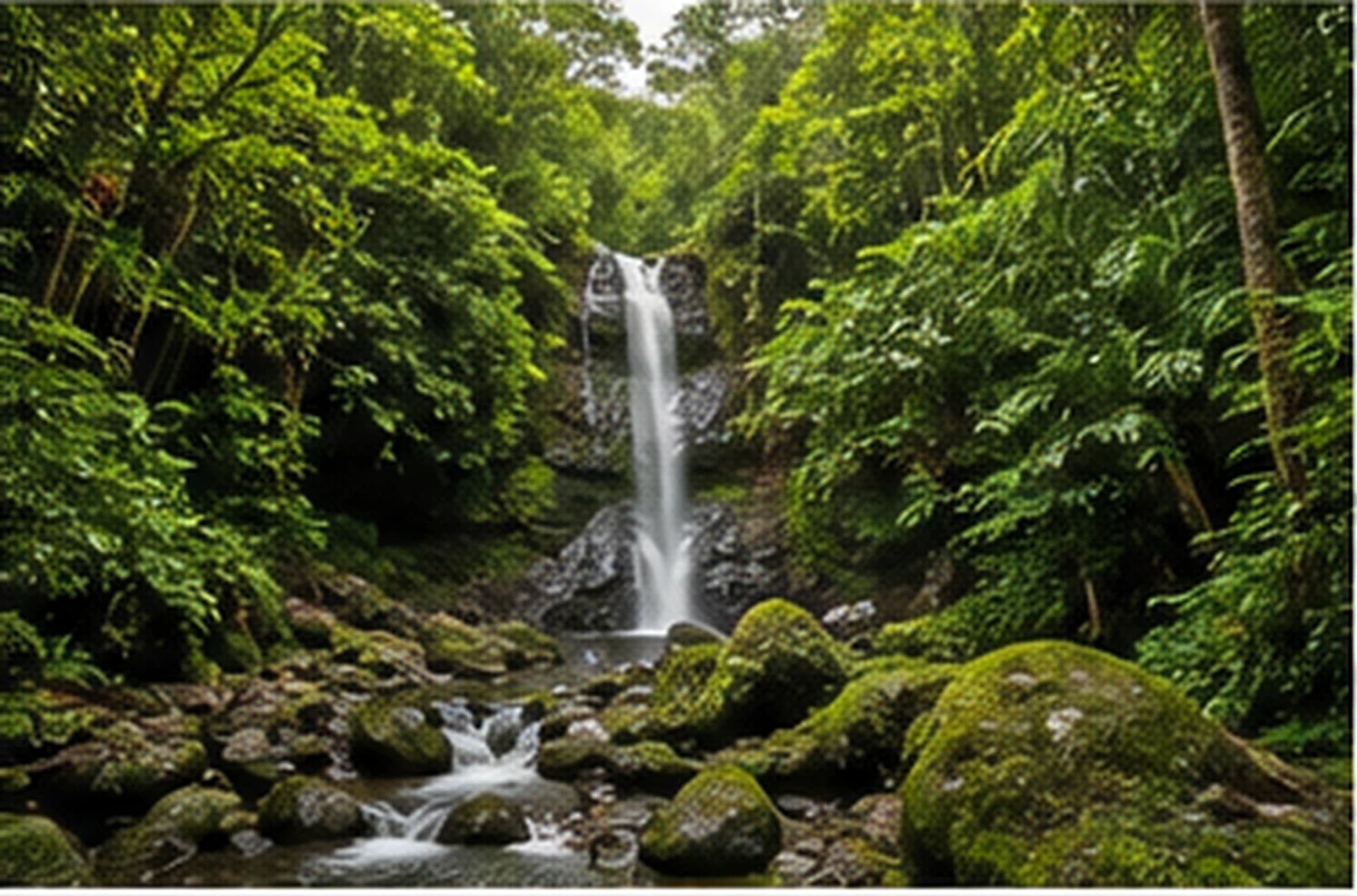 Cascada rodeada de bosque tropical con una poza de agua entre las rocas