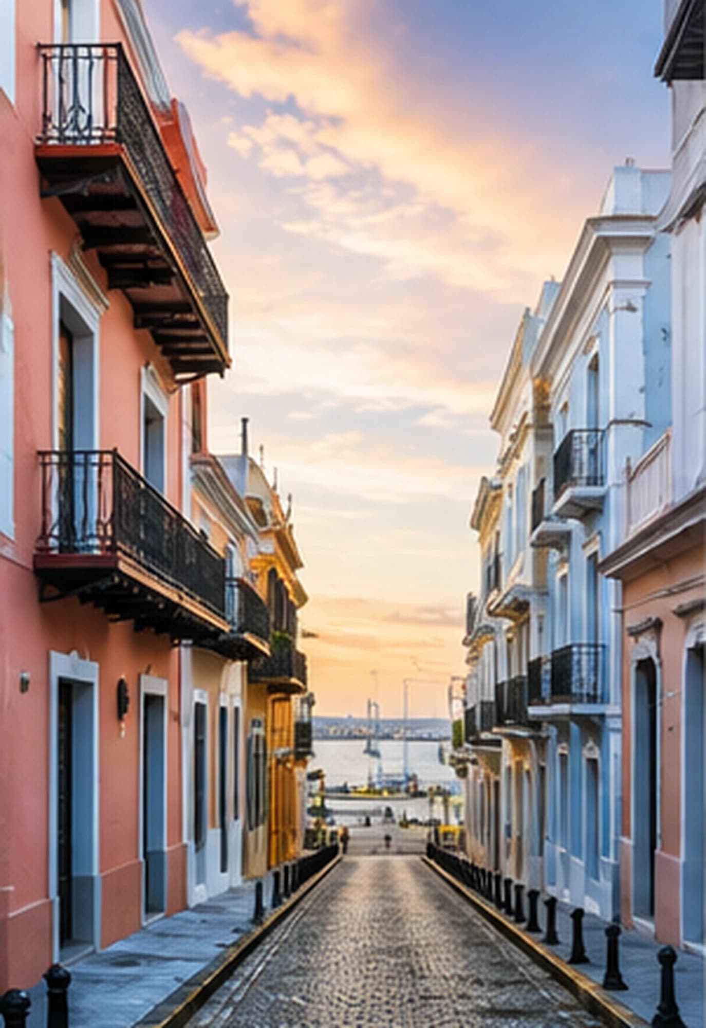 Calle empedrada con balcones de hierro que baja hacia la bahía al atardecer