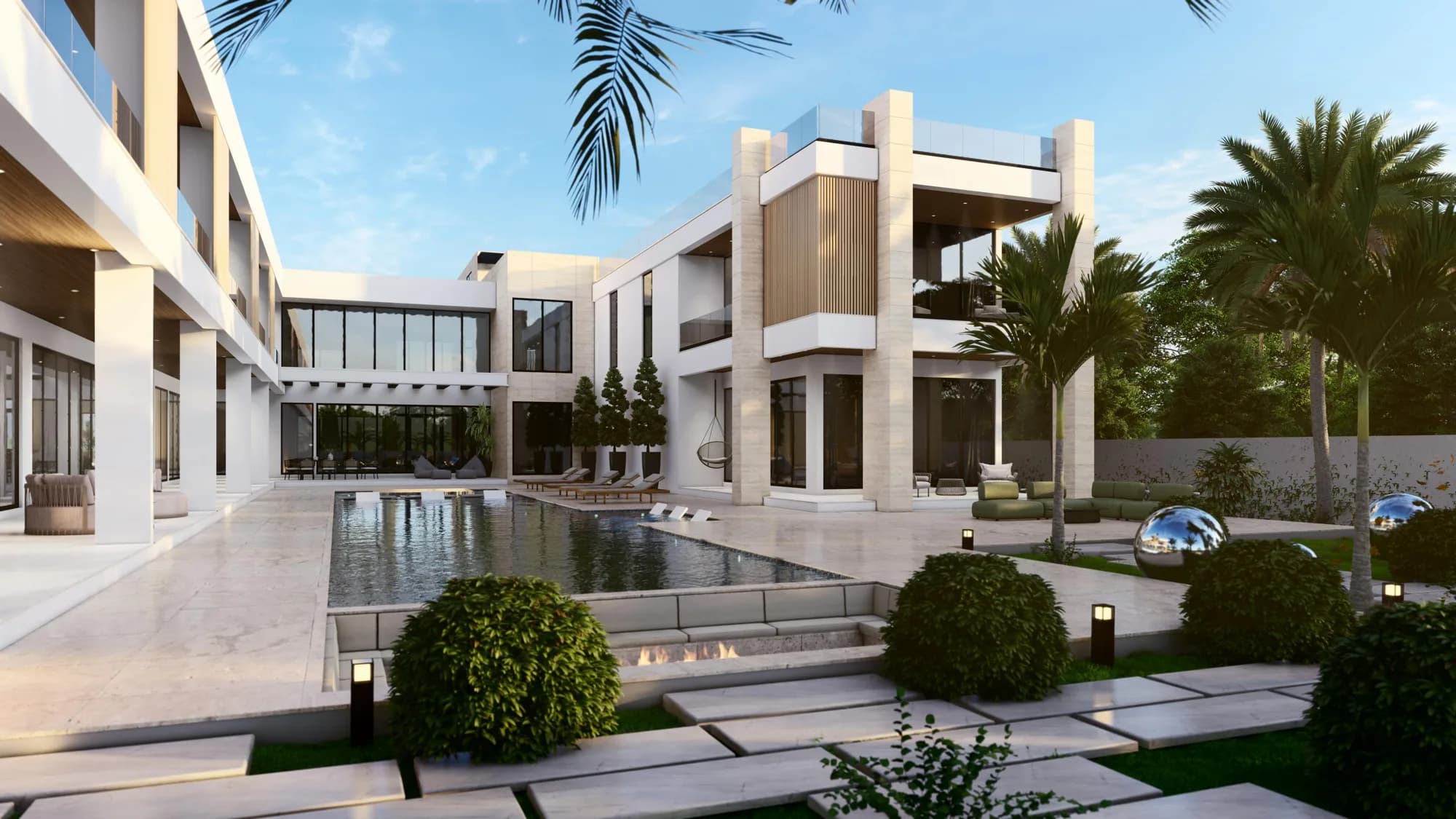 Residencia moderna de líneas rectas con piscina alargada y palmeras